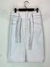 Mango Denim White Plain Knee Length Skirt High Waist Belted Pockets M NEW