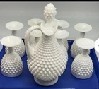 VINTAGE FENTON HOBNAIL MILK GLASS DECANTER W/ Stopper & 8 Piece STEMWARE Set