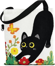 Embroidered Cat Canvas Tote Bag for Women - Cute 3D Black Cat  Flowers Reusable