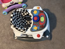 Baby Walker Walking Aid w/ Activity Tray, White/Gray Base, Checkered Seat