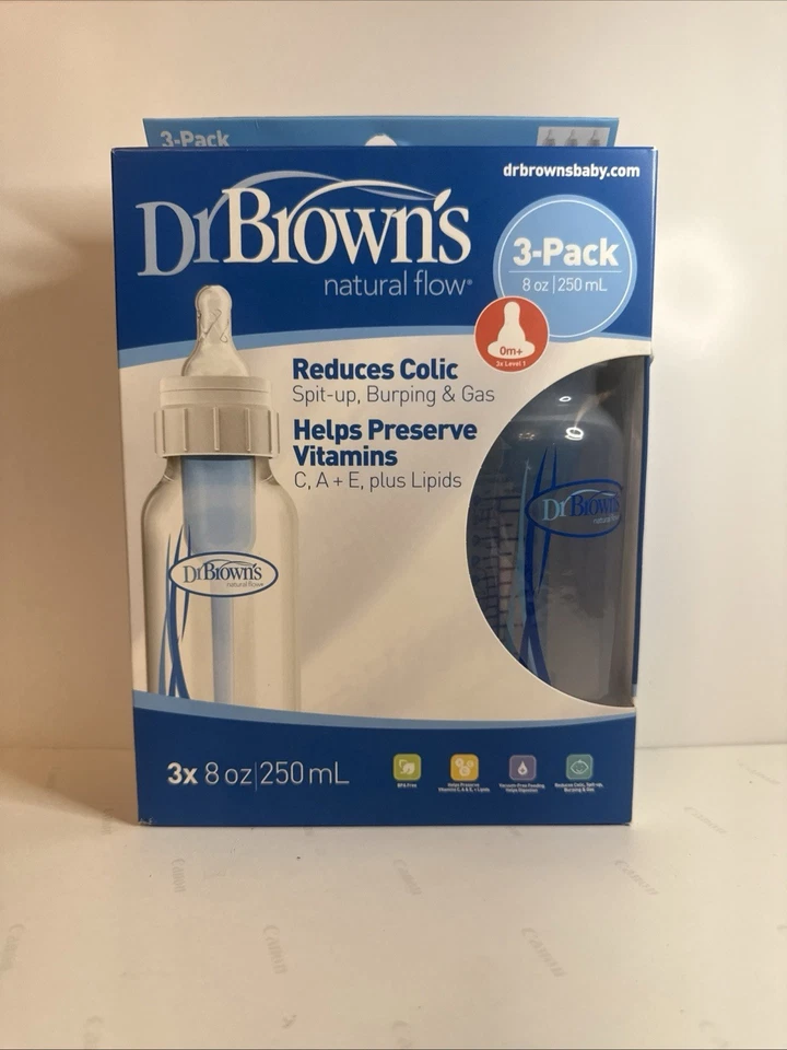 NEW Dr. Brown's Anti-Colic Options Baby Bottles 8 oz-3 Pk Level 1 Nipples 0m+ - Image 2 of 4