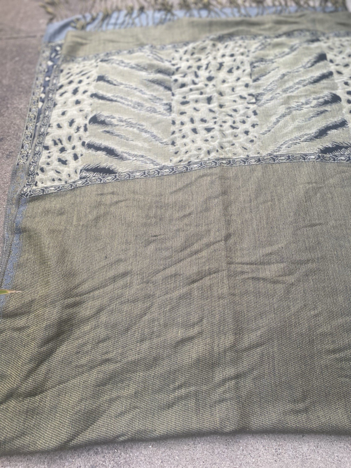 Pashmina Gray Olive Black Animal Print Woven Rectangle Scarf with Fringe Accent