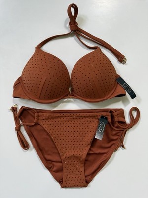 Victoria's Secret Add 2 Cups Push Up Bikini Swim Set Bling Diamante Brown 32A S