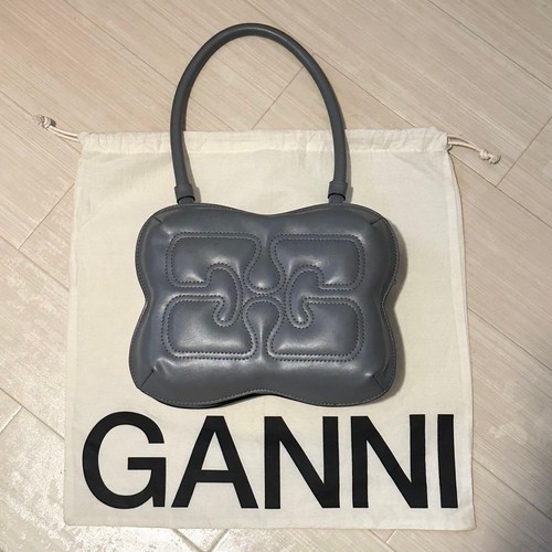 GANNI Butterfly Top Handle Handbag Quilted Gray Shoulder Bag