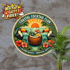 Tiki Bar Tropical Island Drinks Round Metal Tin Sign Plaque 8x8
