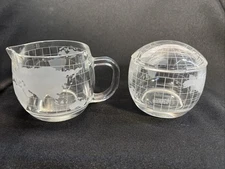 Vintage 1970s Nestle Nescafe Clear Etched Glass World Globe Sugar & Creamer Set 