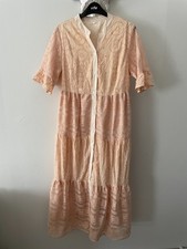 Lovely Peach Lace  Button Front  Tiered  Boho  Midi Tea Dress Size M 12 - 14