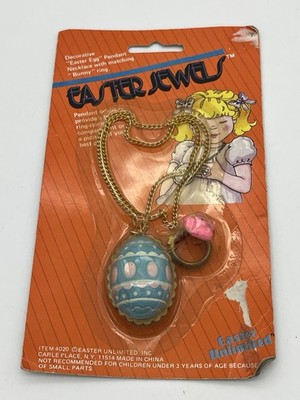 Easter Jewels Decorative Egg Pendant Necklace & Bunny Rabbit Ring Child NEW NOS
