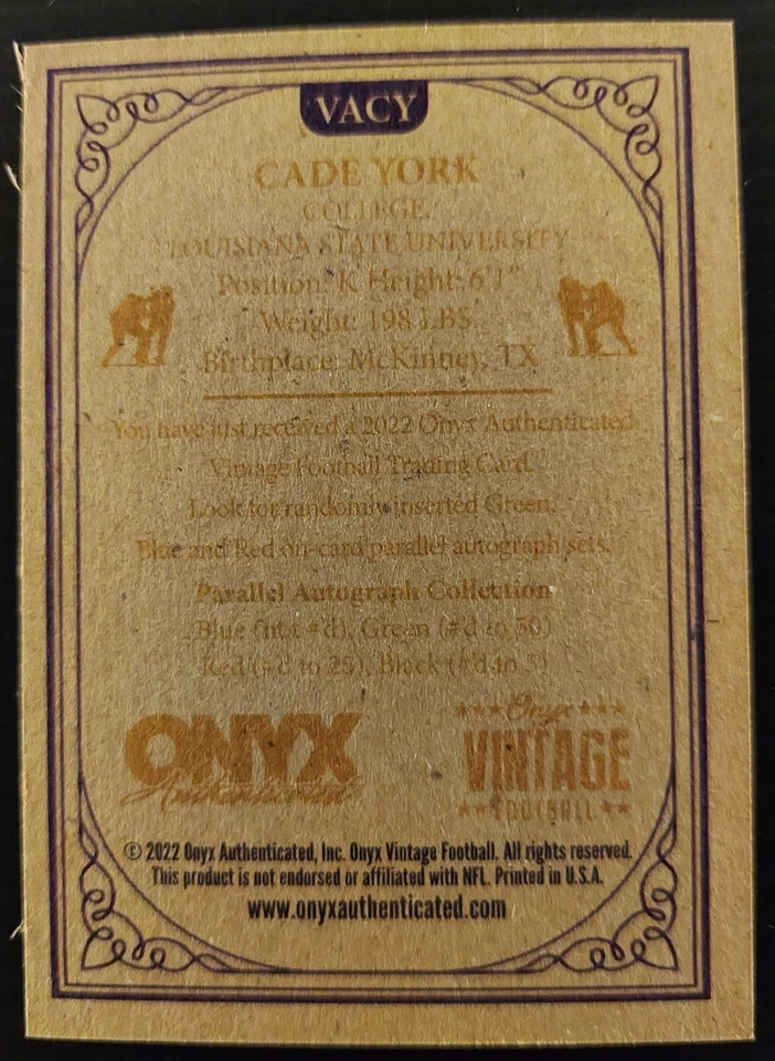 2022 Onyx Vintage Football Cade York AUTO #VACY - Image 2 of 2