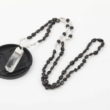 Natural Clear Quartz Point Pendant Black Lava Tourmaline Beads Knotted Necklace