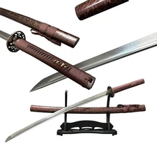 Handmade Katana 1095 Steel Razor Sharp Brown Saya Full Tang w/ Stand