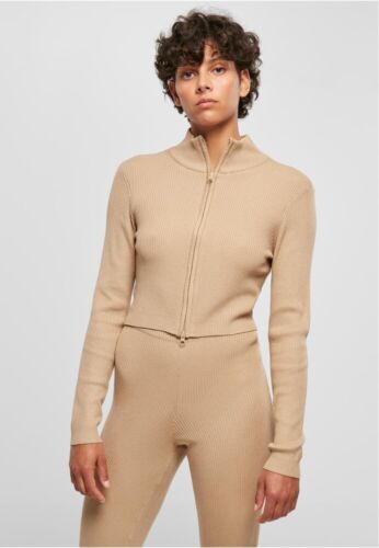 Cardigan Urban Classics pour femmes cropped côte tricotée zip union beige - Photo 1 sur 9