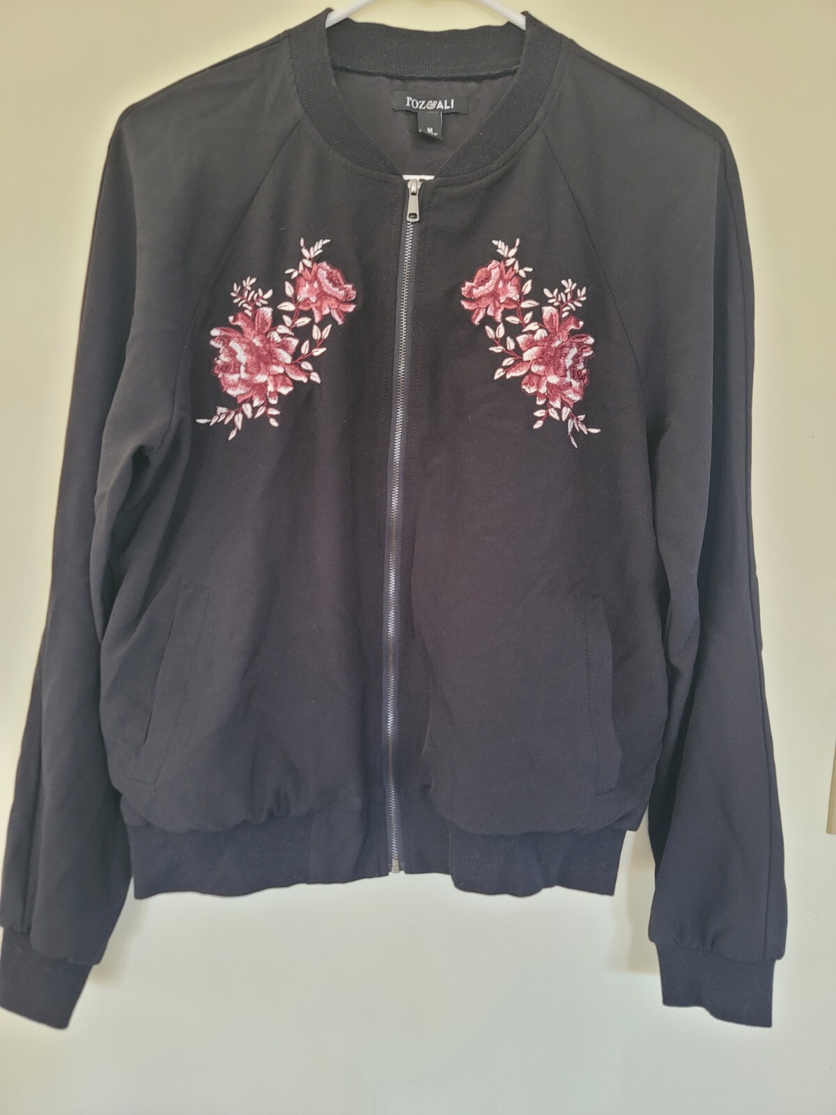 Roz & Ali Zip Up Jacket With Embroidered Flowers Size Medium Cottage Core