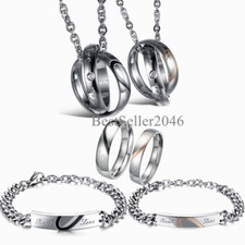 Real Love Matching Heart Stainless Steel Couple Necklace Bracelet Ring Set