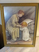 VTG Gold Framed Child Kneeling Praying With Mother Sitting On Bed Holding Hand