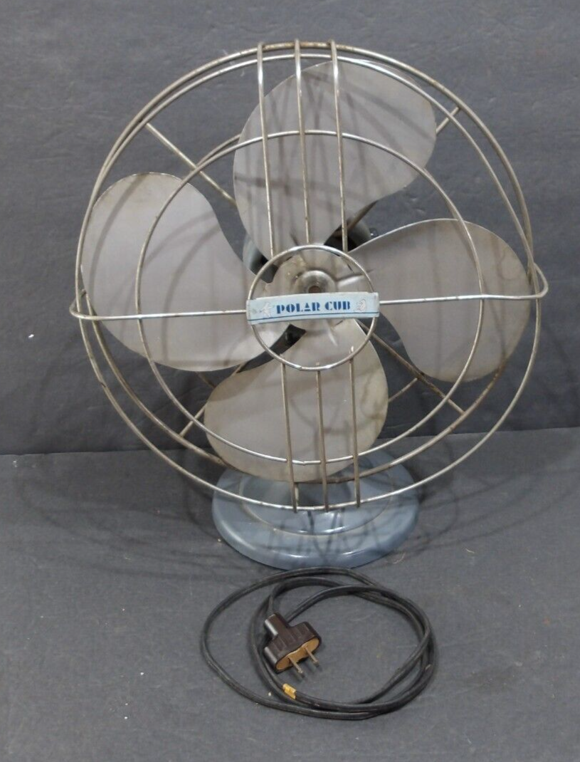 12-Inch Polar Cub Vintage Metal Electric Fan Heavy Duty Slate Blue Base Cord Replacement Needed-image