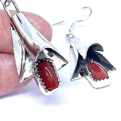 Navajo Squash Blossom Earrings Red Coral 1.75in Hook Signed LY Native Sterling
