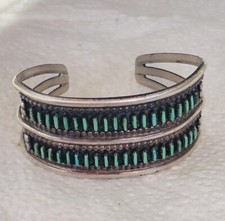 Vintage Silver Zuni Turquoise Petit Point Two Row Bracelet Signed Last P Drop