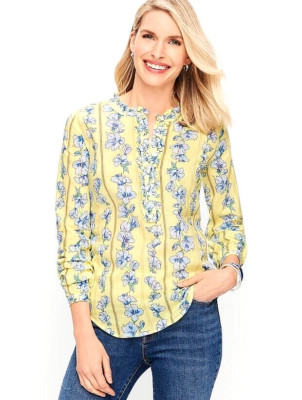 Talbots Ruffle Top TALBOTS Soft Cotton Popover Top Ruffled Blue/Yellow Floral - Long ...