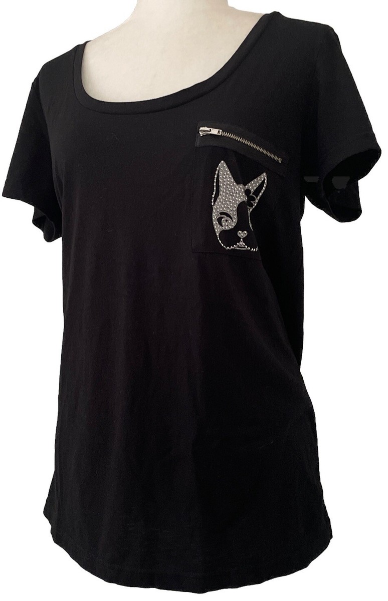 Rebecca Bonbon Womens Tee Shirt Beaded Pocket Top French Bulldog
