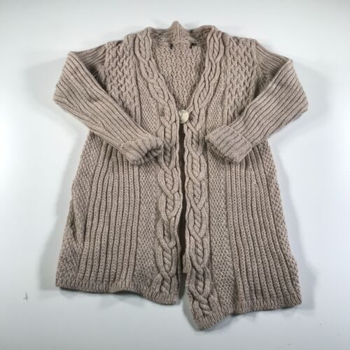 Inis Crafts Pullover Damen Medium Beige Zopfmuster Strickjacke Knopf Vorne Wolle