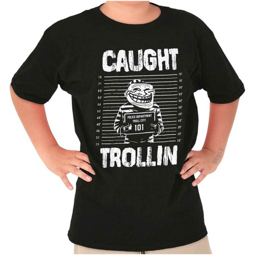 Funny Troll Face Mug Shot Caught Trollin Youth Crewneck T Shirts Boy or Girl - Picture 8 of 8