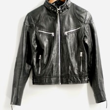 Oasis Vintage Leather Jacket Black Moto Womens Waist Cropped Biker Zippers