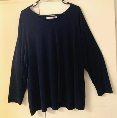 Susan Graver Lovely Silky Knit Tunic 2X Long slv Wide boat-Vneck- Navy Blue