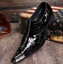 Men's pointed toe dress formal genuine leather business slip on metal shoes