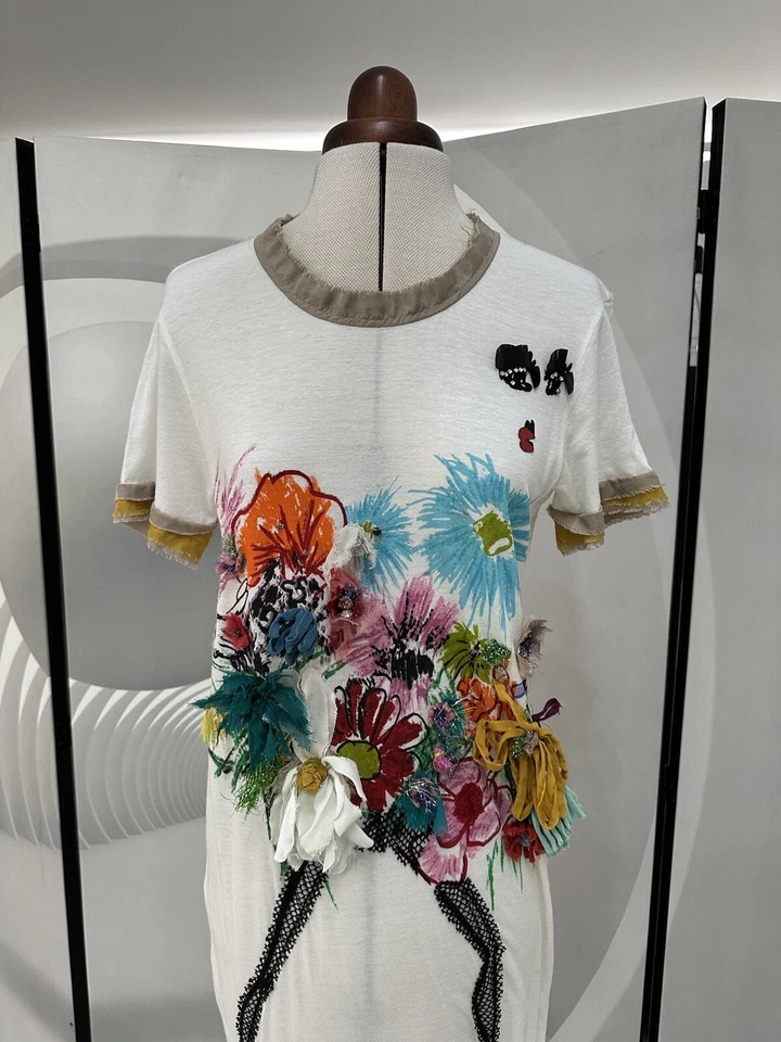 Auténtica túnica Lanvin floral diseños 3D colorida/blanca, vestido corto S Foto 3 de 4