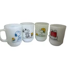 Set Of 4 Vintage Peanuts Snoopy Milk Glass Mugs - Fire-King Anchor Hocking