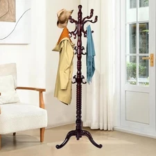 Wood Coat Rack Freestanding, Natural Coats Tree Stand Tri-legged Base, Rosewood