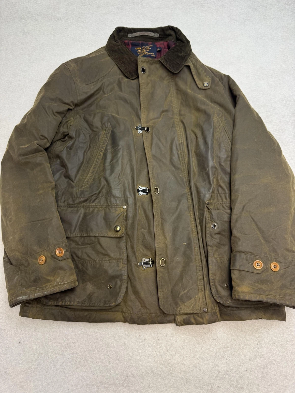 J.Crew Woodland Jacket Mens Large Green Waxed Cotton Field Coat Plaid Lined