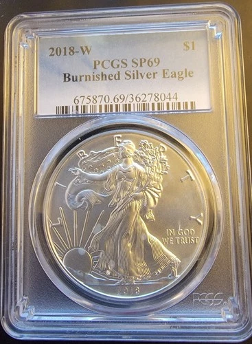 2018--W American Eagle SP-69 PCGS Burnished Art Bullion -0.999 Silver 1 Oz Coin