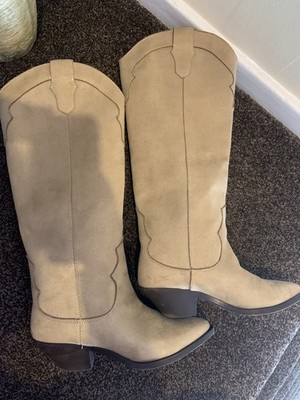 H&M Women Beige Suede Western Embroidered Cowgirl Boots