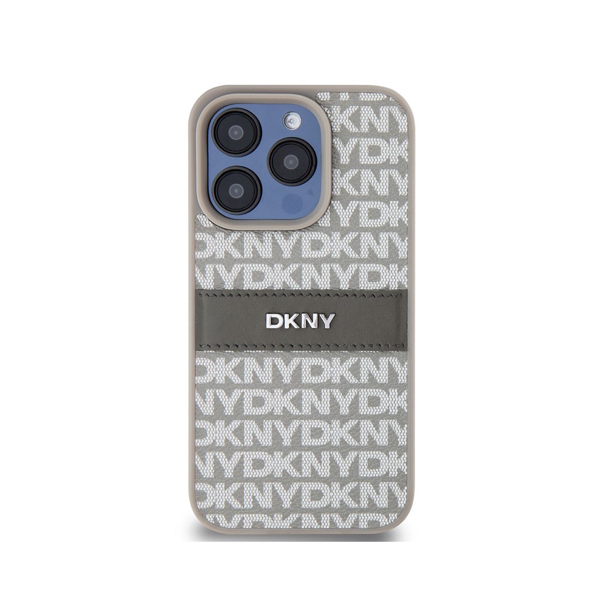 Protection iPhone 14 Pro Max DKNY coque beige motif Repeat Pattern Stripe