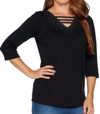 Quacker Factory Size 3X Black Embellished 3/4 Sleeve T-shirt with Open Neck