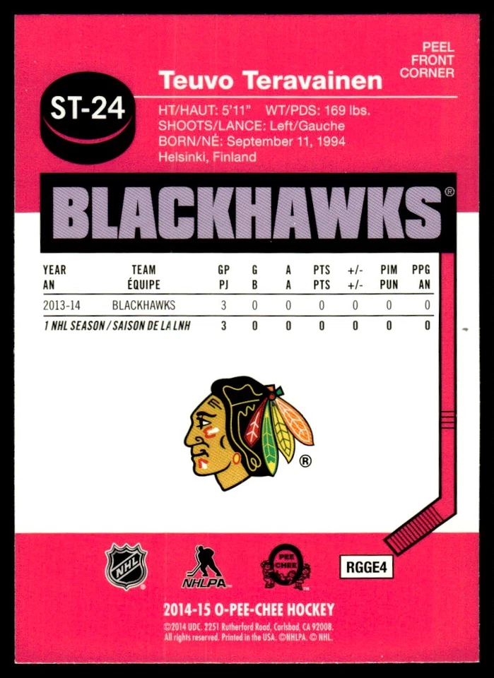 2014-15 O-Pee-Chee Stickers Teuvo Teravainen Chicago Blackhawks #ST-24 - Image 2 of 2