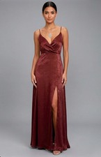 NWT Lulus Constantine Burgundy Satin Maxi Dress Surplice Slit Lined Prom Homco M