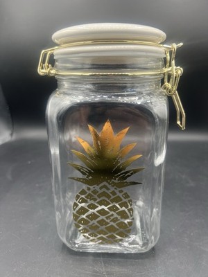 Gold Foil Pineapple Clear Glass Canister Jar 8'' tall~White CeramicLid Decor  X17