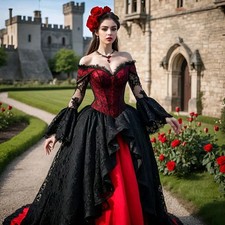 Gothic Black Red Wedding Dresses Long Sleeves Layered Lace Appliques Bridal Gown