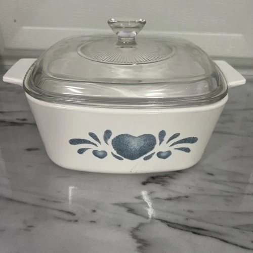 Vintage Corning Ware Blue Sponge Hearts Casserole A 15 B Pyrex Lid A-7-C 1.5 L