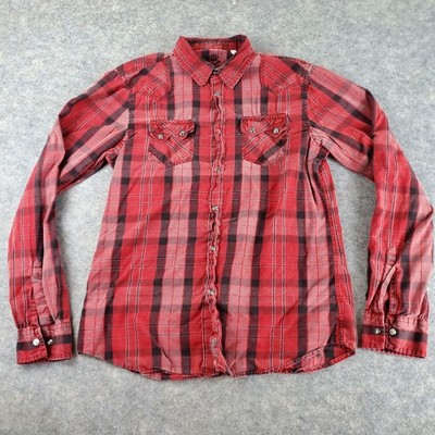 Guess Pearl Snap Shirt Mens Large Red Plaid Collared Roll Tab Long Sleeve Pocket