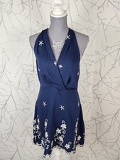 Cider Navy Floral Embroidered Surplice Halter Mini Dress | Women's M