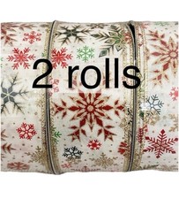 2x KIRKLAND WIRE EDGE RIBBON 2.5  x50 yd METALLIC SNOWFLAKES STYLE 25A20 NO SEAM