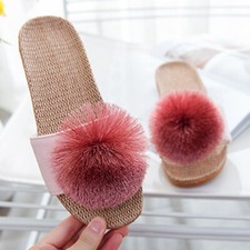 Dama Antideslizantes Sandalia Zapatillas Zapatos Informales Pom Pom Mezcla de Lino Zapatillas Hogar