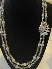 Vintage Crown Trifari Necklace Smoky Glass Sunflower Clasp Silver  2 Strand