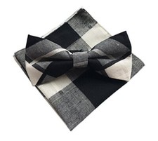 Men's Cotton Bow Ties Pocket Square Set Pre-Tied Checks One Size Beige Black