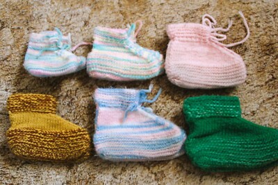 Vintage 1980's 6 Pair Handmade Children's Knitted Booty Slippers Various Sizes