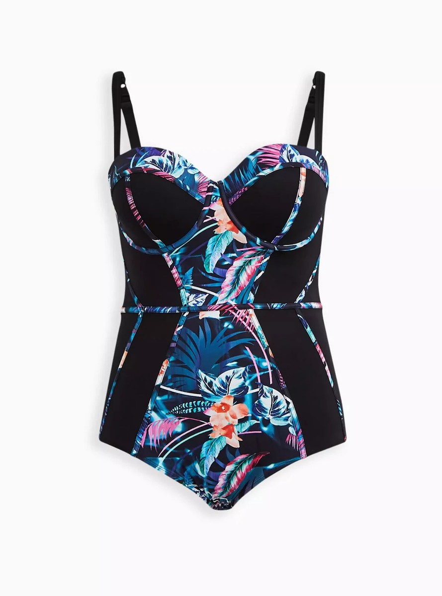 Torrid Slim Fix Underwire Piping One Piece Floral Swimsuit Black 4